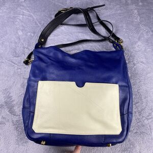 orYANY Adele Blue & Cream Pebbled Leather Bag With Detachable Crossbody Designer